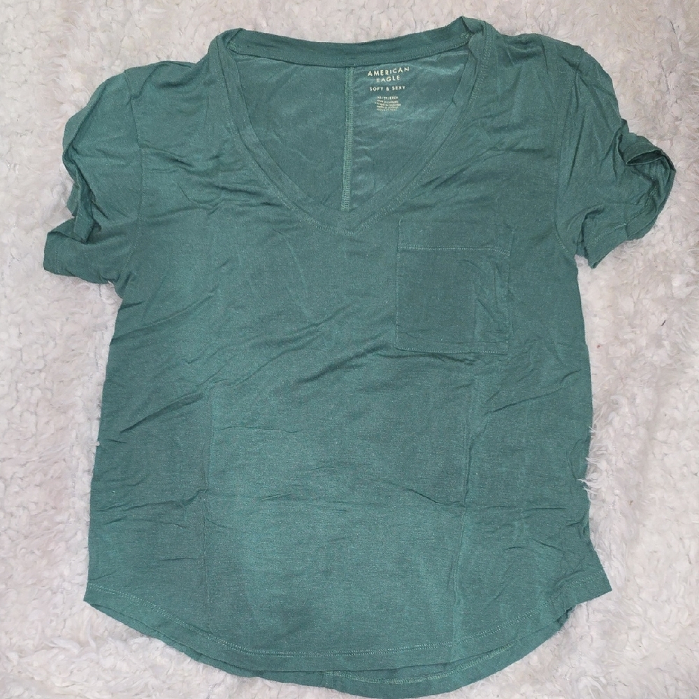 American Eagle Outfitters Teal Short Sleeve V-Neck Tee